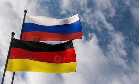 Germany and Russia flags. Blue sky and flag Germany and Russia. 3D work