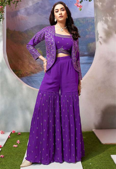 Buy Embroidered Art Silk Crop Top Set With Jacket In Purple Online Tlx1061 Utsav Fashion