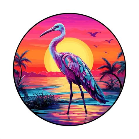 Ibis Dessin Animé Coloré Kawaii Personnage Plage Coucher De Soleil