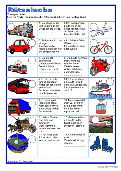 Rätselecke Transportmittel allgeme Deutsch DAF Arbeitsblätter pdf doc