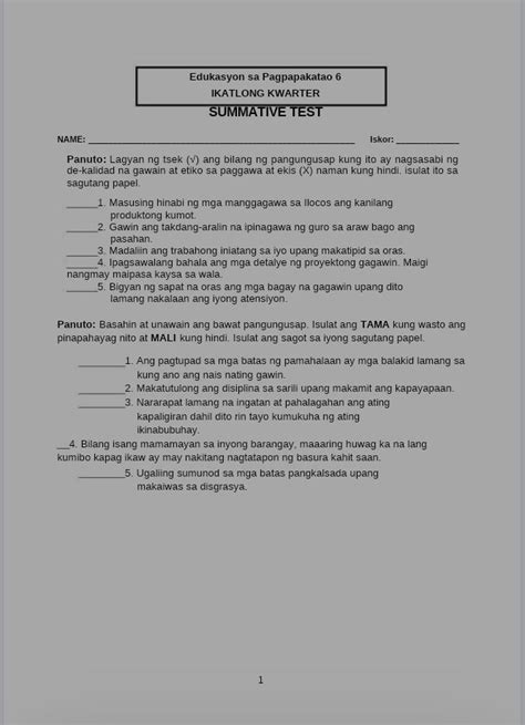 THIRD QUARTER SUMMATIVE TEST ESP06 Docx Edukasyon Sa Pagpapakatao 6