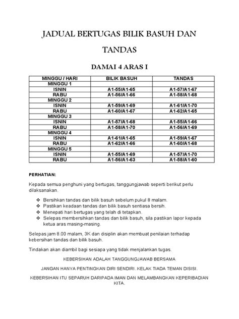 Jadual Bertugas Bilik Basuh Dan Tandas Pdf