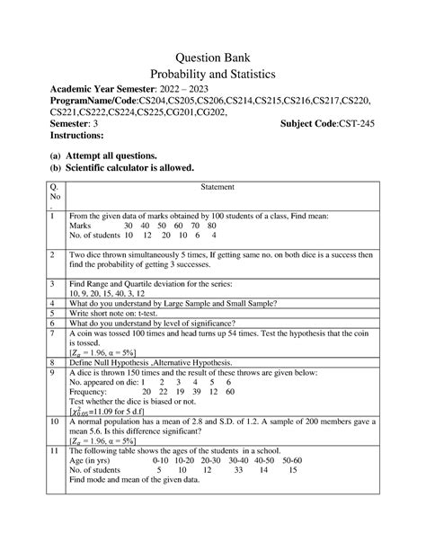 Question Bank Probability And Statistics Cst Question Bank