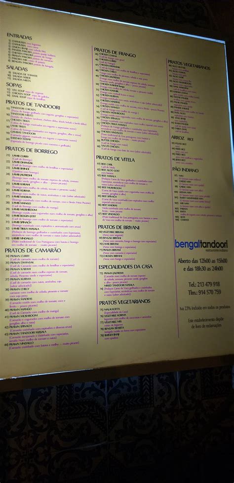 Menu At Bengal Tandoori Restaurant Lisbon R Da Alegria