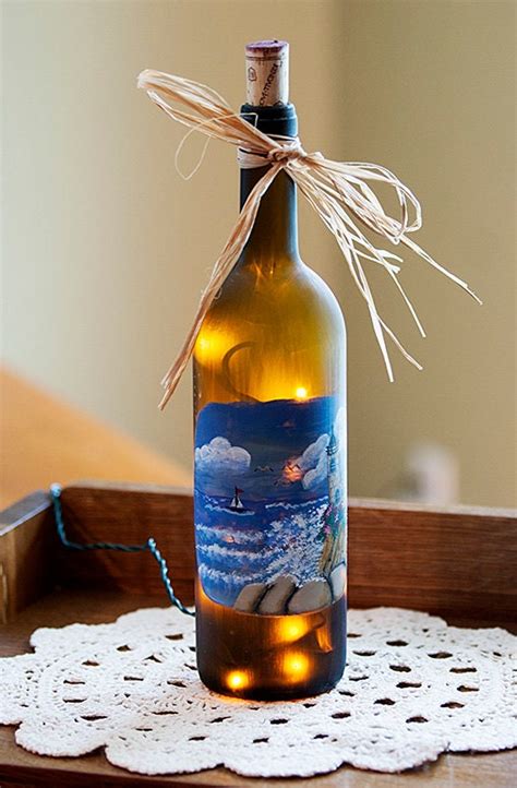 Lighted Nautical Wine Bottle Hand Painted By Recyclethyme On Etsy