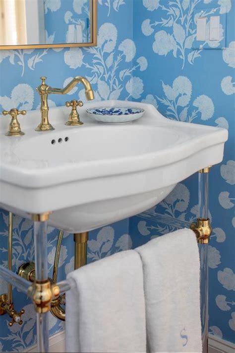 Vintage Glass And Brass Pedestal Sink With Gold Mirror Transitional Bathroom