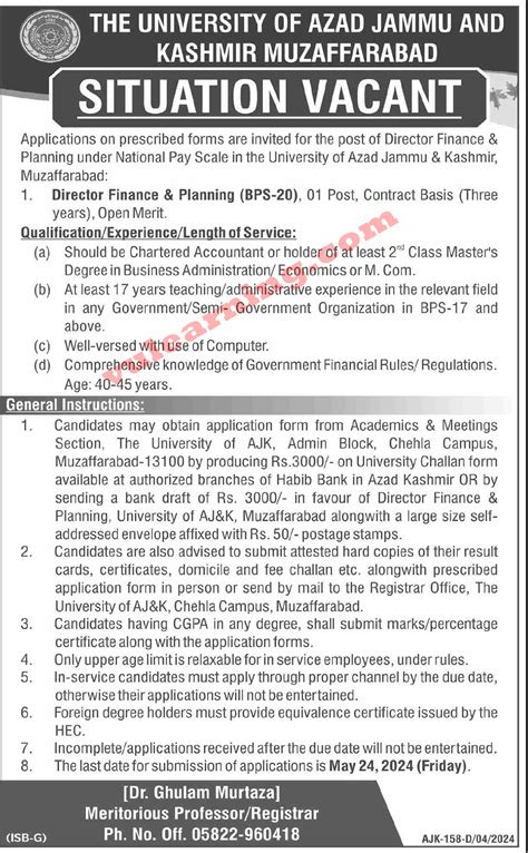 Ajk University Muzaffarabad Jobs For Director Finance Planning