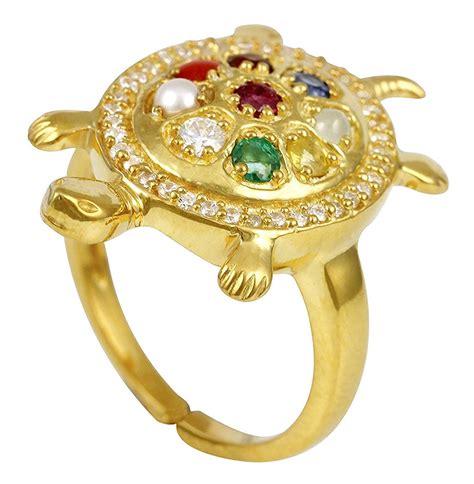 Gold Plated Metal Panchdhatu Tortoise 9 Gemstone Navratan Adjustable