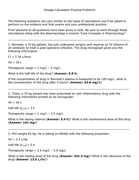 Dosage Calculation Practice Questions Dosage Calculation Practice