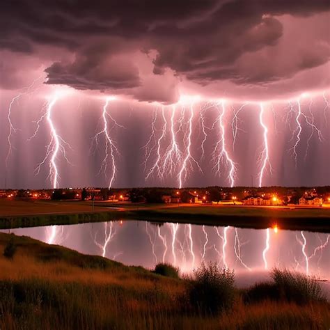 Una Tormenta El Ctrica Sobre Un Lago Con Un Peque O Pueblo Al Fondo