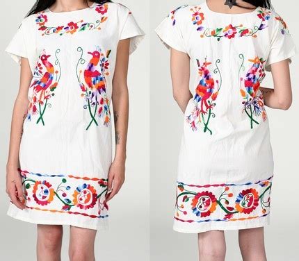 Vintage Embroidered Peacocks Rainbow Mexican Tunic Dress L Xl Etsy