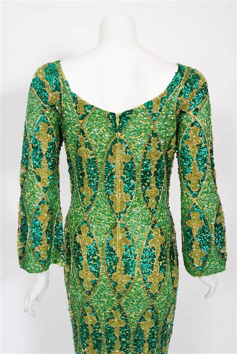 Vintage 1960 S Beaded Sequin Green Graphic Stretch Knit Hourglass