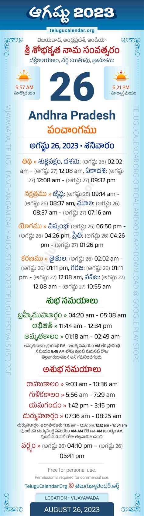 Andhra Pradesh August 26 2023 Telugu Panchangam