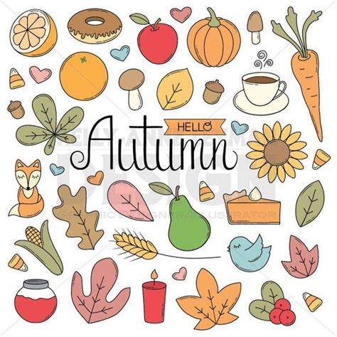 Autumn Doodle Objects Hand Drawn Clip Art Set Trendy Retro Clipart