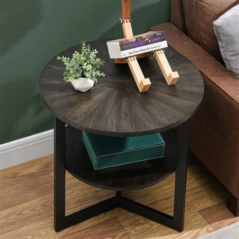 Epowp Large Round End Table With Storage Shelf Rustic Circular Sofa