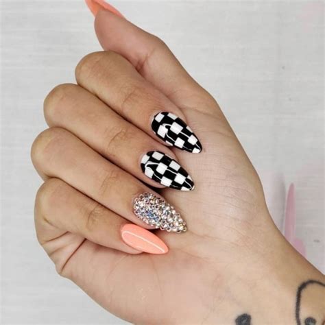 75 The Coolest Checkered Nail Art Designs — Peach Gem And Checkered Nails