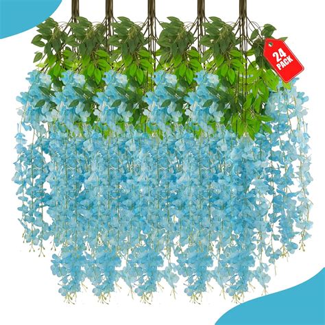 Zebmoon 24 Pack Lake Blue Wisteria Hanging Flowers 3 77 Ft