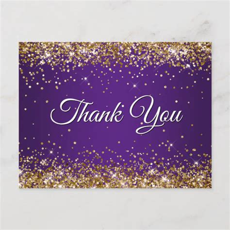 Faux Sparkly Gold Glitter Royal Purple Thank You Postcard Zazzle