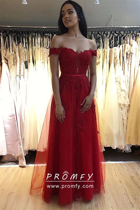 Red Lace And Tulle Off The Shoulder A Line Prom Dress Promfy