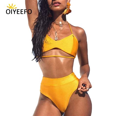 Oiyeefo Chic Yellow High Waist Bikini Brazilian High Cut Biquine Women Bathers Bathing Suits