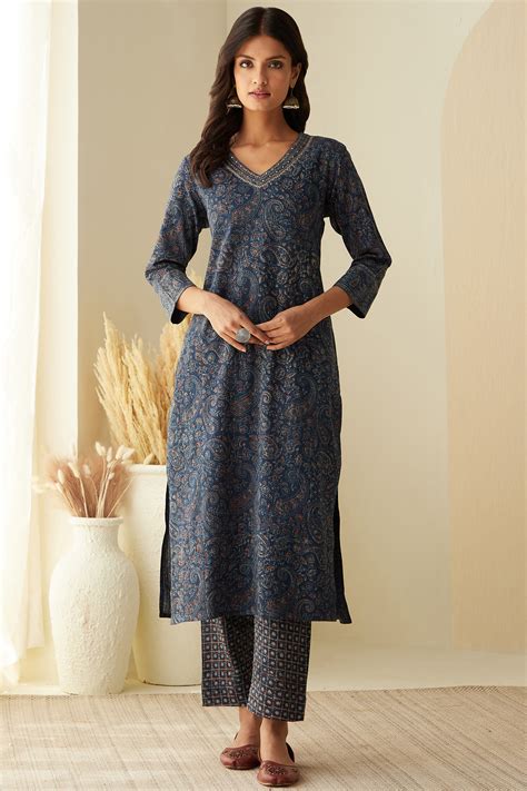 Buy Akola Hand Block Printed Straight Cotton Dobby Kurta For Women