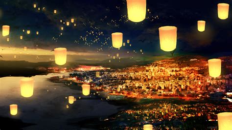 Sky Lantern Sunset City Scenery HD Phone Wallpaper Rare Gallery