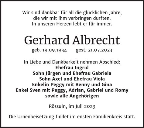 Traueranzeigen Von Gerhard Albrecht Abschied Nehmen De