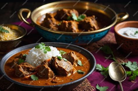 Mutton Curry With A Side Of Coconut Yogurt Premium Ai Generated Image