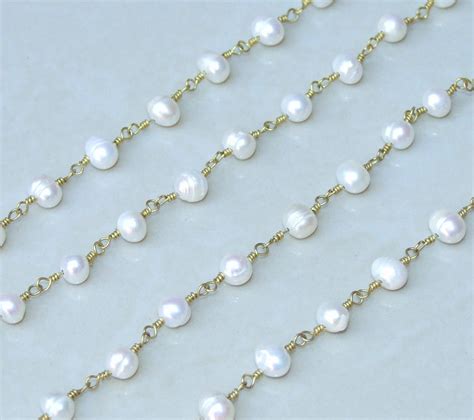 White Freshwater Pearl Rosary Chain 18k Wire Wrapped Chain Natural