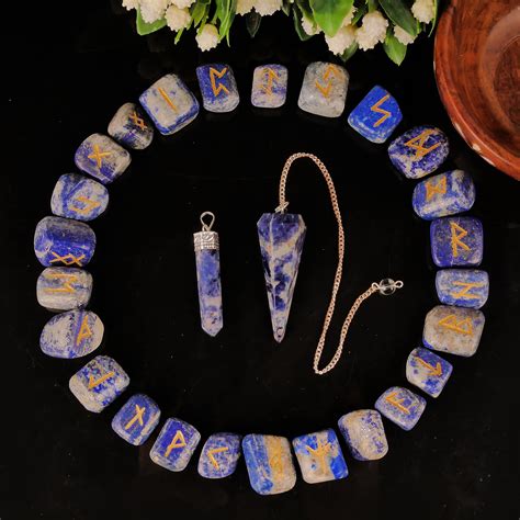 25 Pcs Lapis Lazuli Rune Stone With Engraved Elder Futhark Alphabet