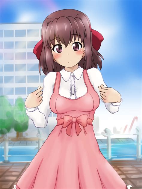 Safebooru 1girl Bangs Blue Sky Blurry Blurry Background Blush Bow Brown Eyes Brown Hair Casual