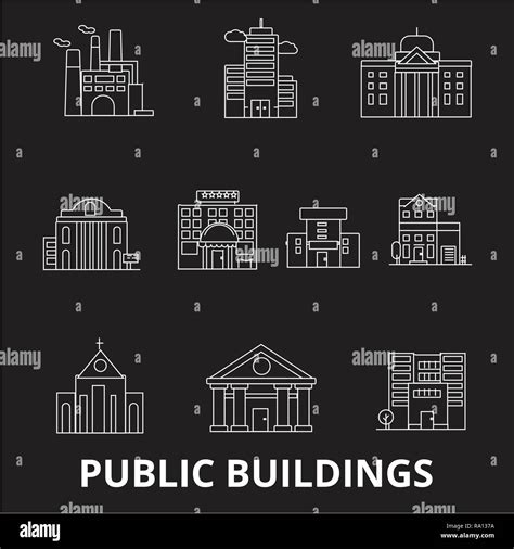 Public Buildings Editable Line Icons Vector Set On Black Background