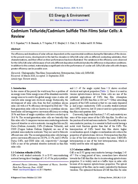 Cadmium Telluride Cadmium Sulfide Thin Films Solar Cells A Review