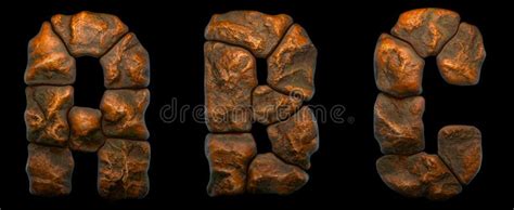 Set Of Rocky Letters A B C Font Of Stone On Black Background Stock