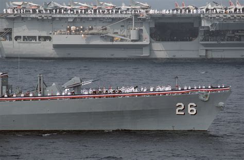 Crew Members Man The Rails Of The 6th Fleet Flagship Uss Belknap Cg 26