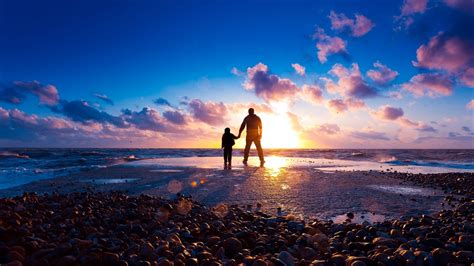 Dad And Son Sea Beach Rocks Sunset Sun Rays Light Stones Standing Alone