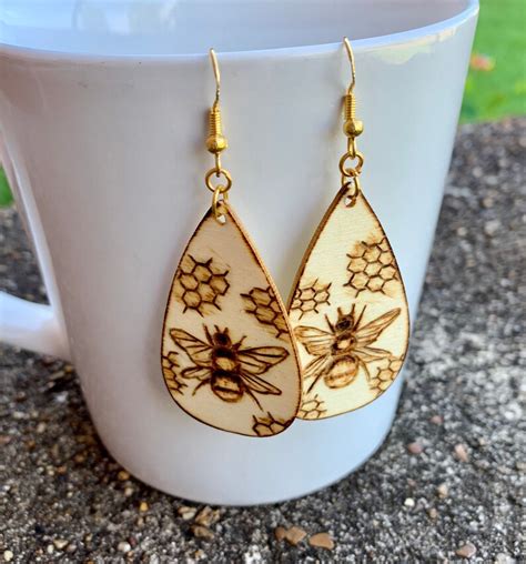 Bee Earrings Honeycomb Wood Burned Earrings Teardrop Wood Etsy