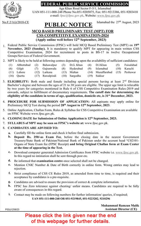 Fpsc Gov Pk CSS MPT Online Apply 2024 Challan Form Last Date