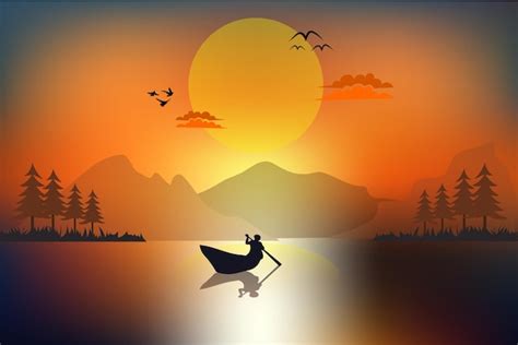 Premium Vector Mountain Sunset Landscape Illustration