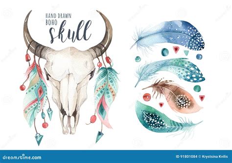 Watercolor Cow Skull With Flowers And Feathers Decoration Boho Royalty