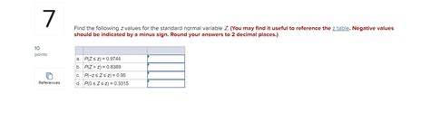 Solved Find The Following Z Values For The Standard Normal