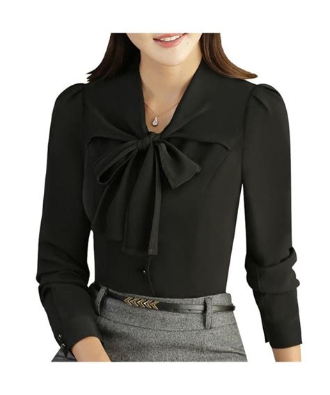 Jhvyf Womens Chiffon Long Sleeve Blouse Bow Tie V Neck Slim Fit Button