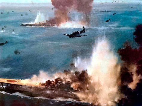 IJN Akagi & Hiryo ablaze at Battle of Midway 1942. Painting by Takeshi ...