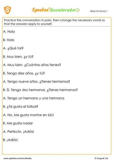 Spanish Conversation Worksheet Basic Spanish Words Spanish