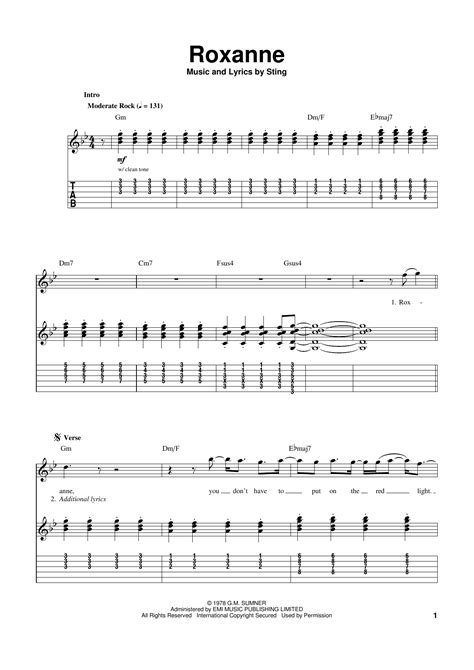 Roxanne By The Police Sheet Music For Guitar Tab Playalong At Sheet