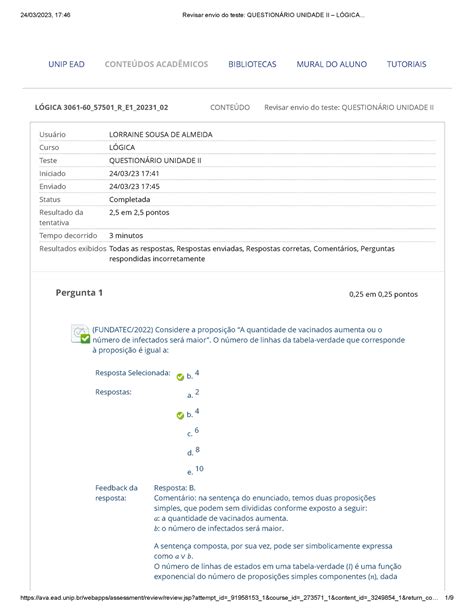 Questionário Unidade II Lógica LÓGICA 3061 60 57501 R E1 20231 02