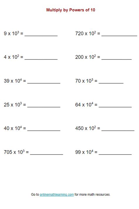 Multiplying Whole Numbers By Powers Of 10 Worksheets