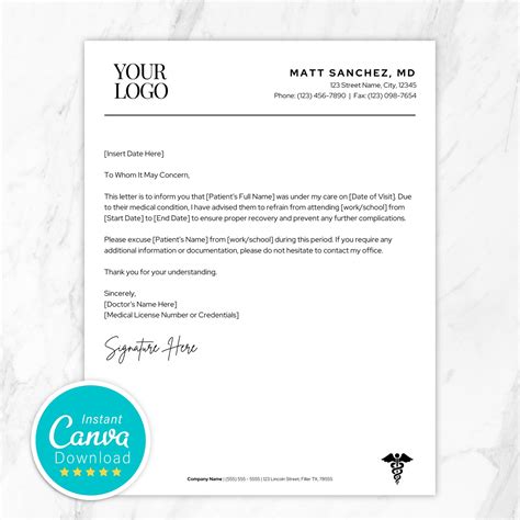 Doctor's Excuse Letter Template, Doctor's Note Canva Template, Canva