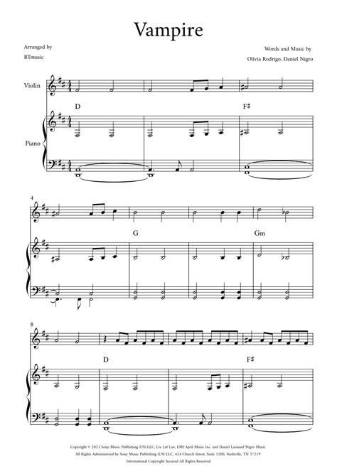 Vampire Arr Btmusic By Olivia Rodrigo Sheet Music For Violin And