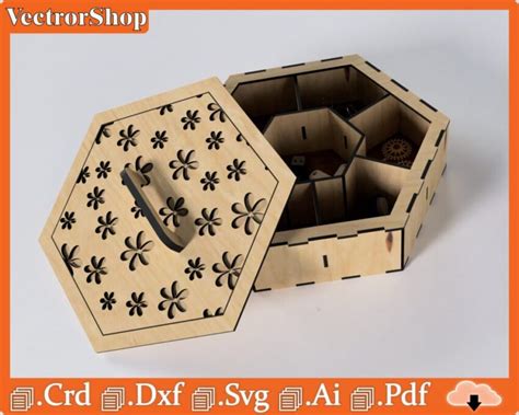 Caja hexagonal con compartimientos para corte cnc láser mdf arte láser